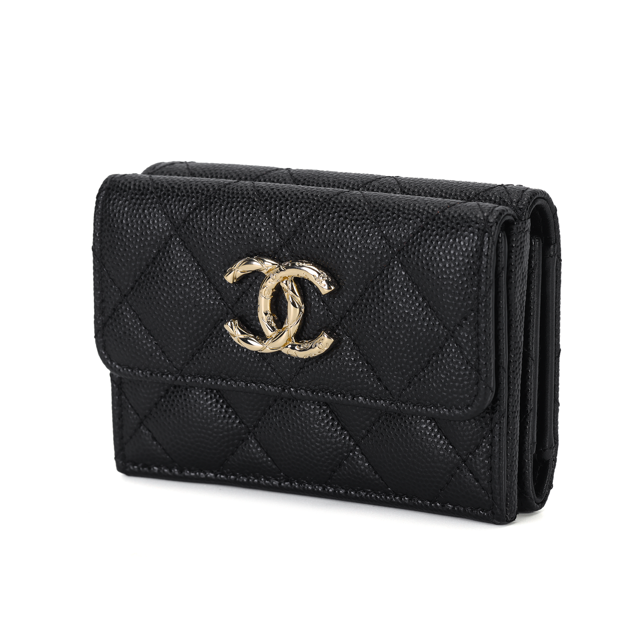 CHANEL Litchi Cow Leather Card Holder Women's Black