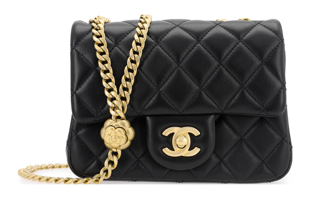 CHANEL Sheepskin Square Chubby Chain Bag Shoulder Bag Crossbody Bag Mini Women's Black