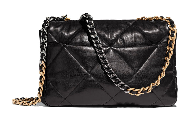 CHANEL 19 Large Handbag Shiny Lambskin Gold-tone Silver-tone