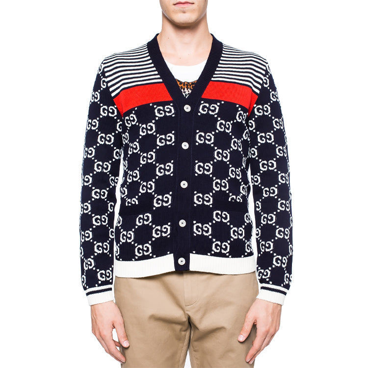 Gucci Classic Full Logo Stitching Wool Knitted Cardigan For Men Navy 523048-X9I07-4696