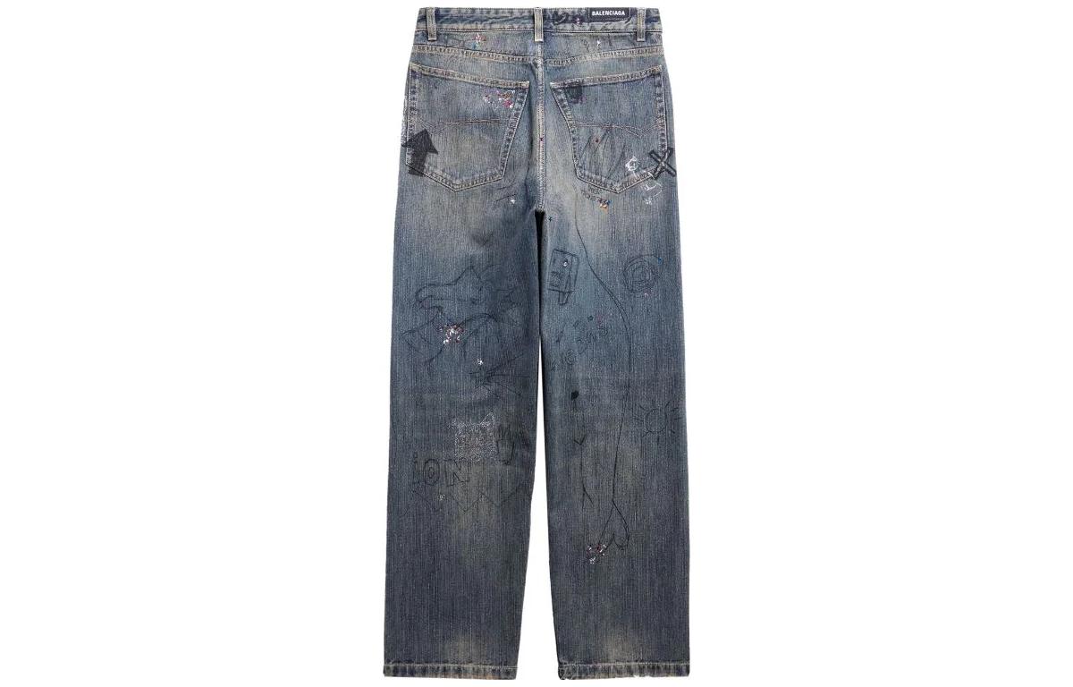 Balenciaga Doodle-Print Straight Denim Pants 'Blue' 746986TOW664036