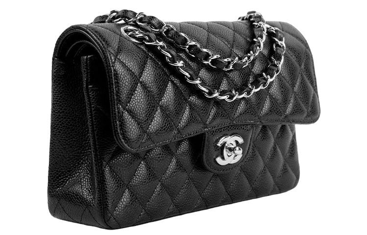 CHANEL Classic Flap CF Grained Embossed Cow Leather Mouth Cover Bag Crossbody Bag Small Size Women's Black