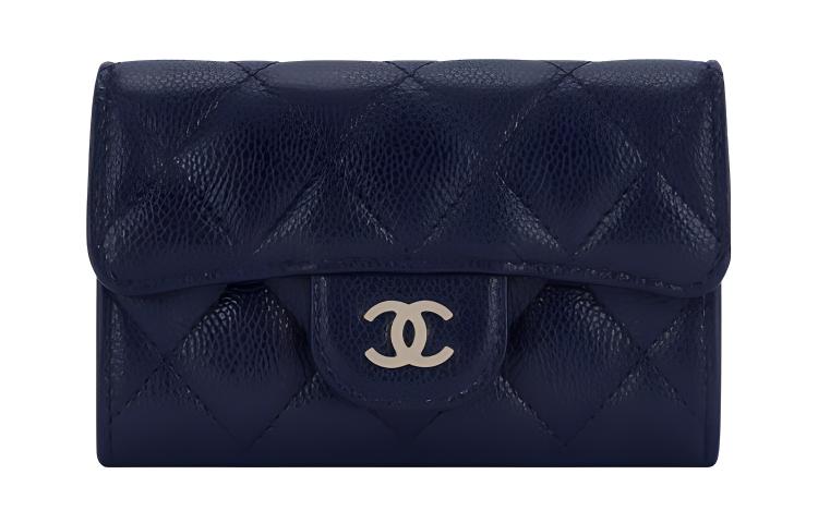 CHANEL Grain Cow Leather Card Holder Women's Marine Blue