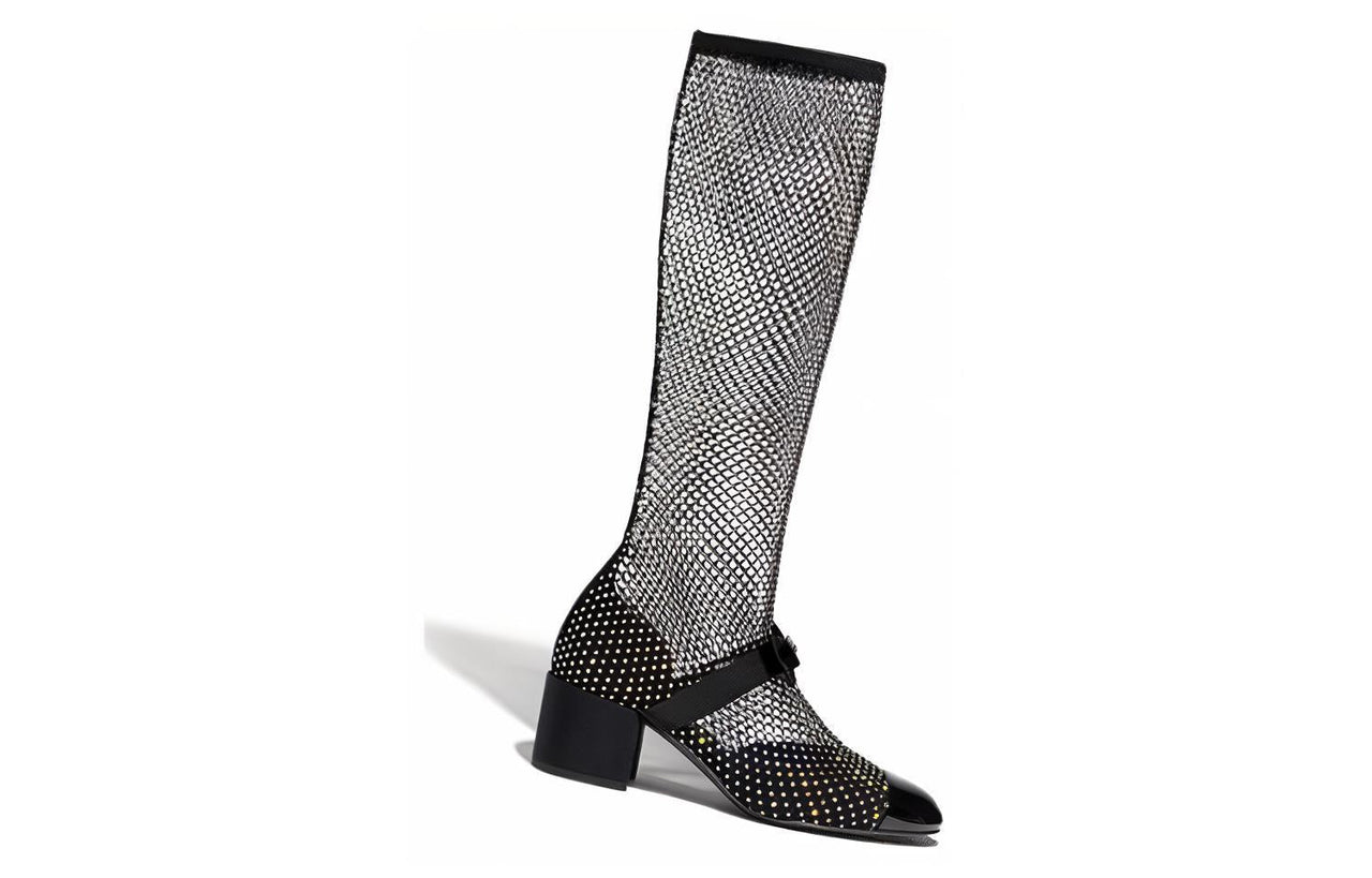 CHANEL Resille 55mm Knee High Mary Janes Black Crystal Patent Calfskin Women's