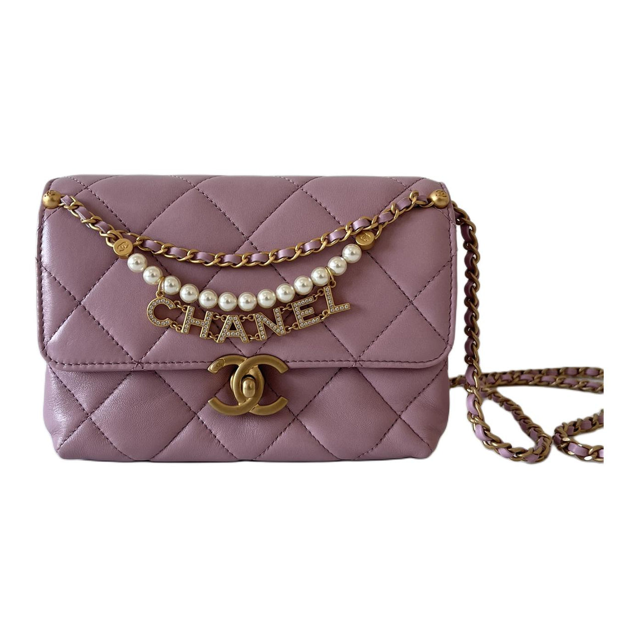 CHANEL Classic Flap CF Artificial Pearl Shiny Lambskin Flap Bag, Shoulder Bag, Crossbody Bag Mini Women's Pink Purple