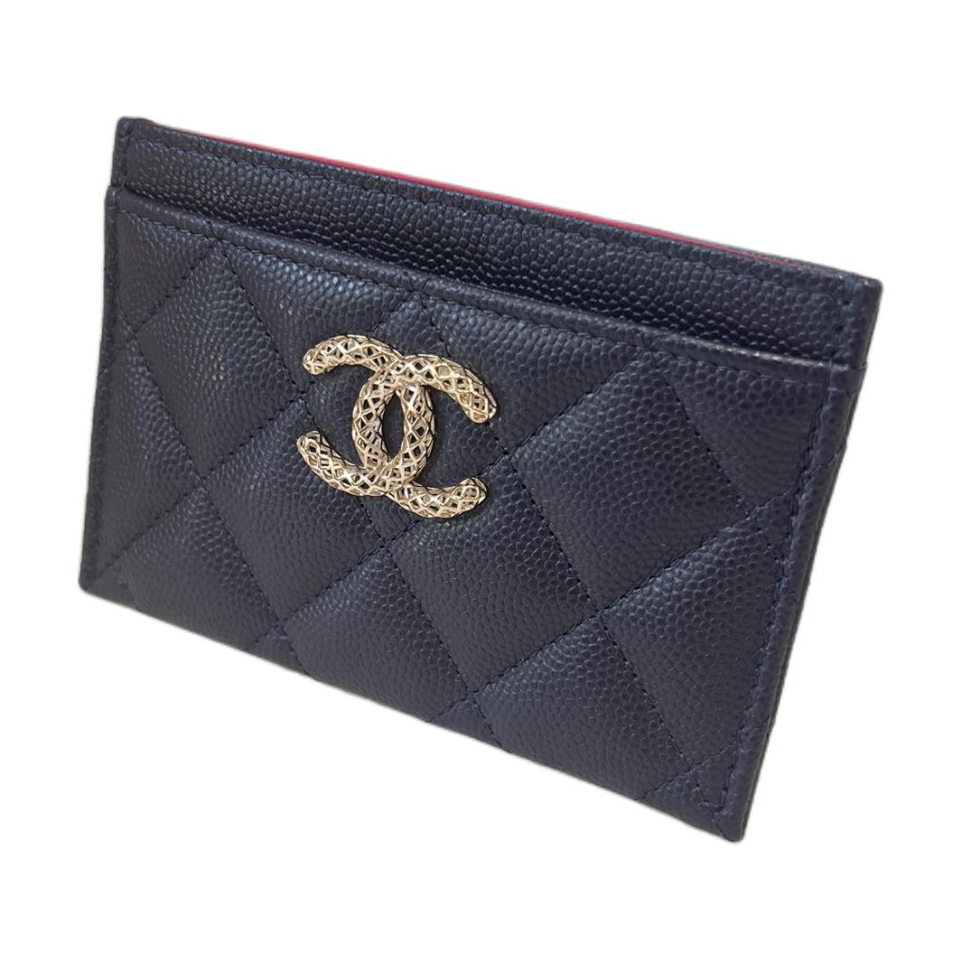 CHANEL Embossed Shiny Calfskin Card Holder Small Size Women's Blue