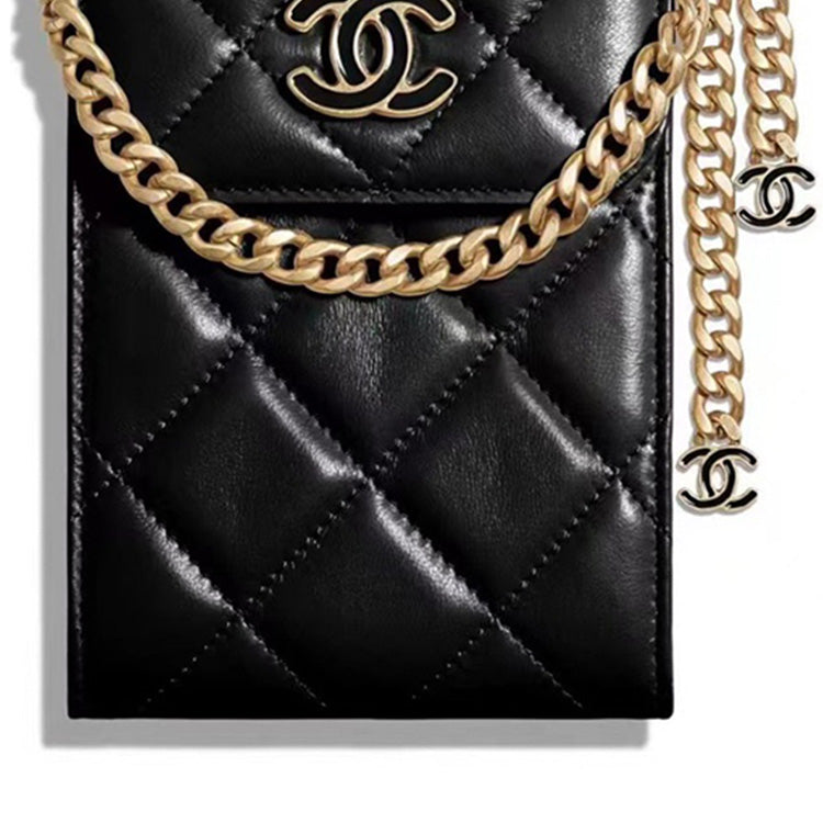 CHANEL Sheepskin Cell Phone Pouch Unisex Black