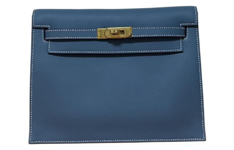 HERMES Kelly Danse Swift Leather Clutch Women's Bleu Jean Denim Blue