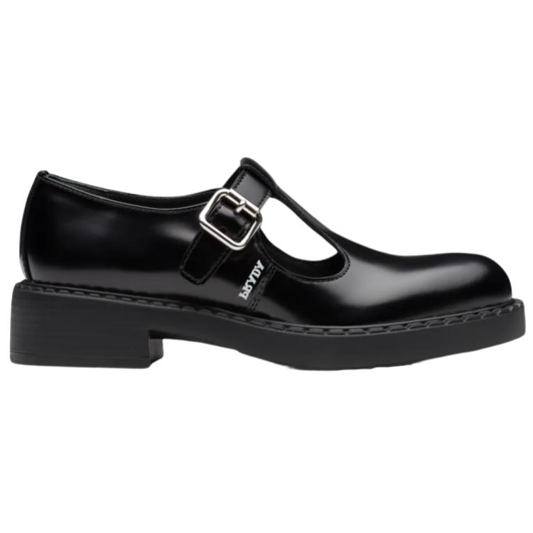 PRADA Brushed leather Mary Jane T strap Shoes 'Black' Women's