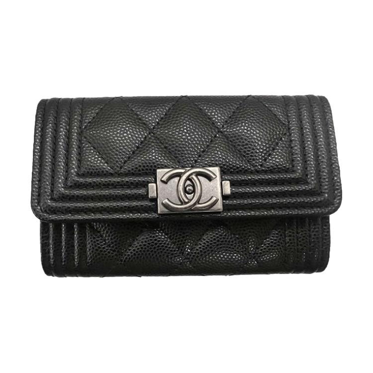 CHANEL LEBOY Litchi Skin Mouth Cover Wallet Card Holder Women's Black