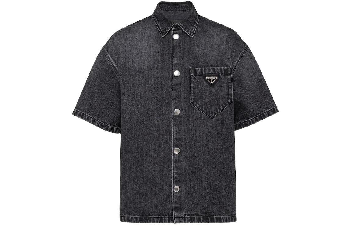 PRADA Logo Plaque Short Sleeved Denim Shirt