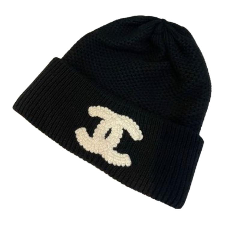 CHANEL Knitted Fabric Cashmere Beanies Women's Black/Dark Blue