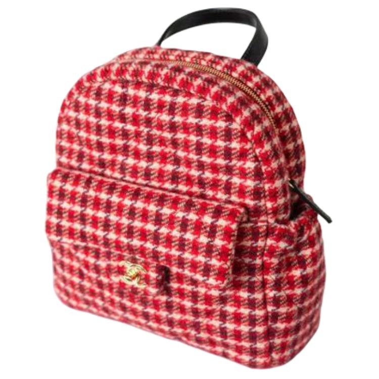 CHANEL Wool Twill Velvet Calfskin With Gold Metal Backpack Large Size Women's Red & White