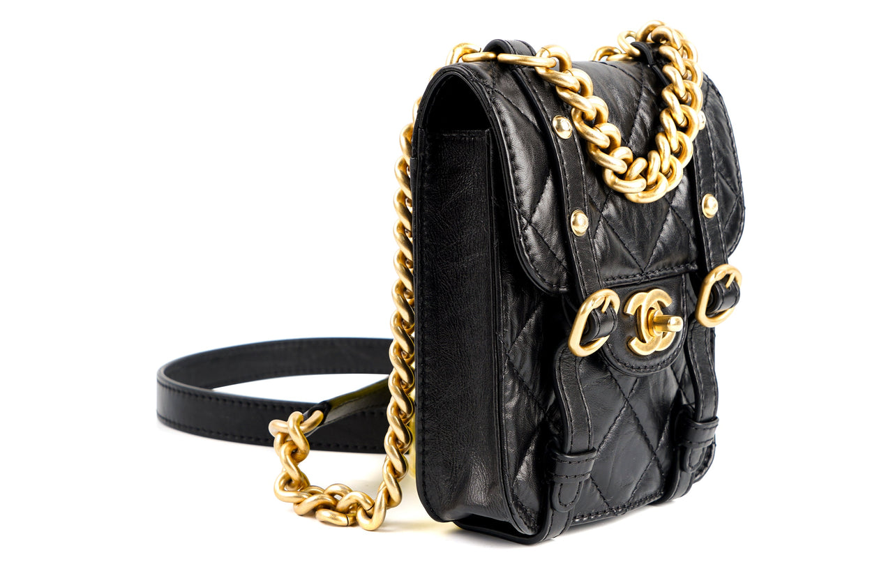 CHANEL Calfskin Messenger Bag With Cell Phone Pouch One Shoulder Handbag Crossbody Bag Mini Women's Black