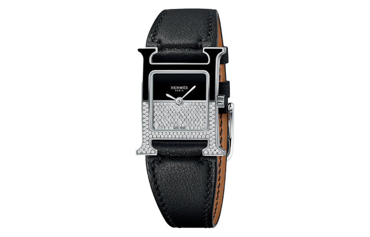 HERMES Heure H Collection Double Jeu Collection Wrist Watch Quartz Movement Cow Leather Strap Black Dial Women's Watch