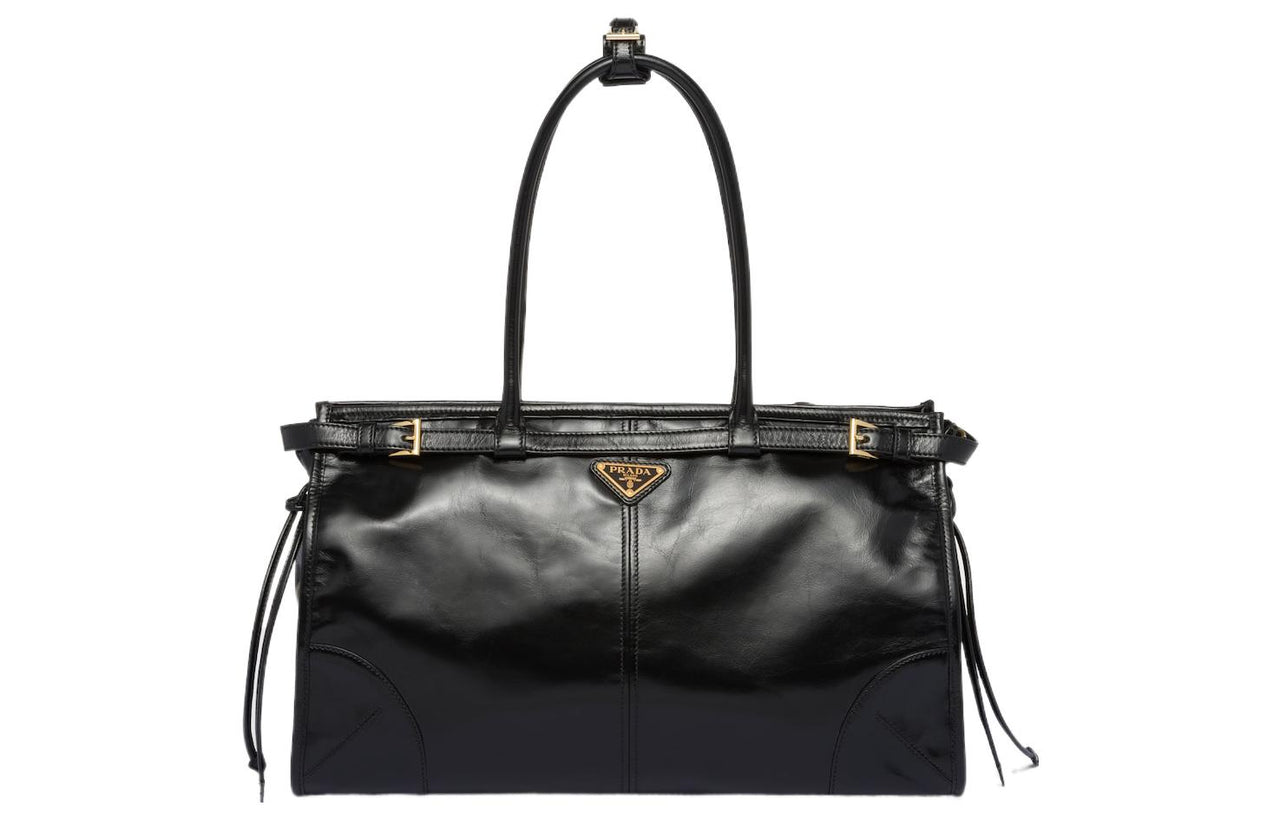 PRADA Leather Handbag Shoulder Bag Large Size Women's Black