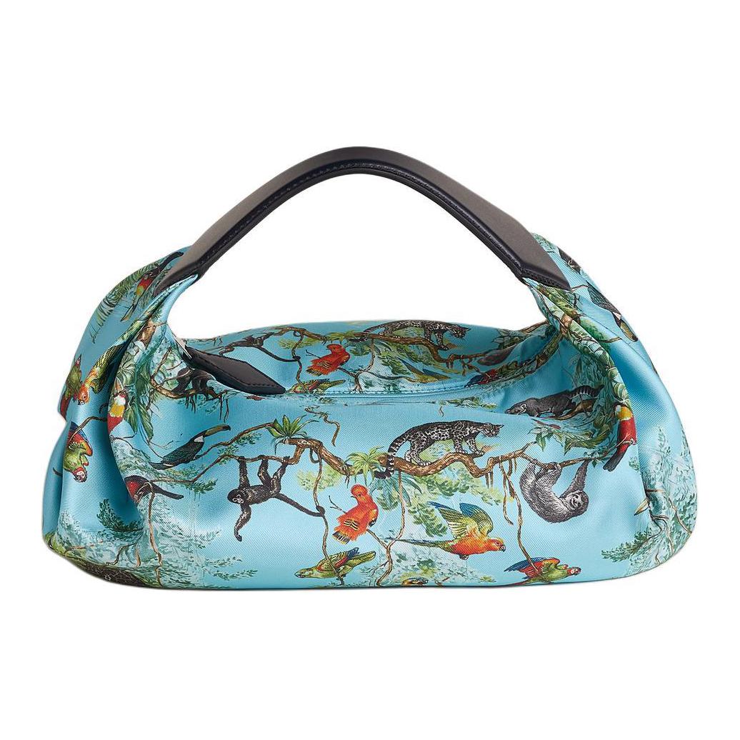 HERMES Balusoie Silk With Hunter Cow Leather Lunch Bag Handbag Women's P3 Bleu Du Nord Northern Blue & 76 Bleu Indigo