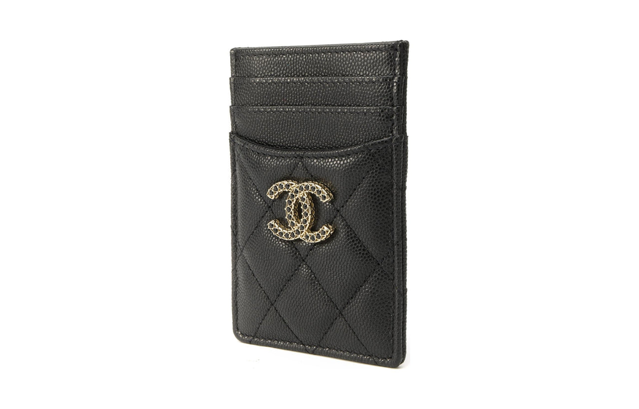 CHANEL Shiny Grained Cow Leather Card Holder Women's Black
