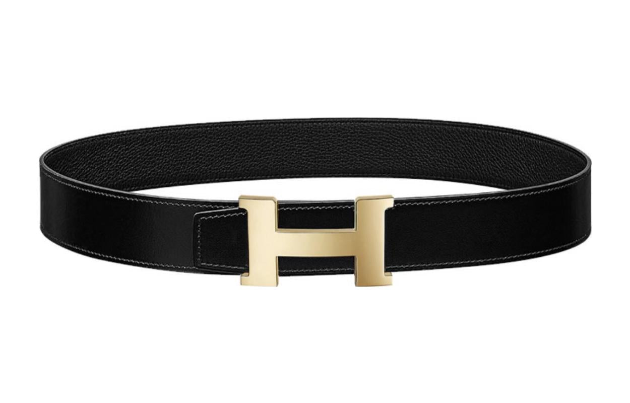 HERMES Shiny Gold-Tone Lock Togo Calfskin Double-Sided Leather Belt Leather Belts Men's Black Width: 3.8cm