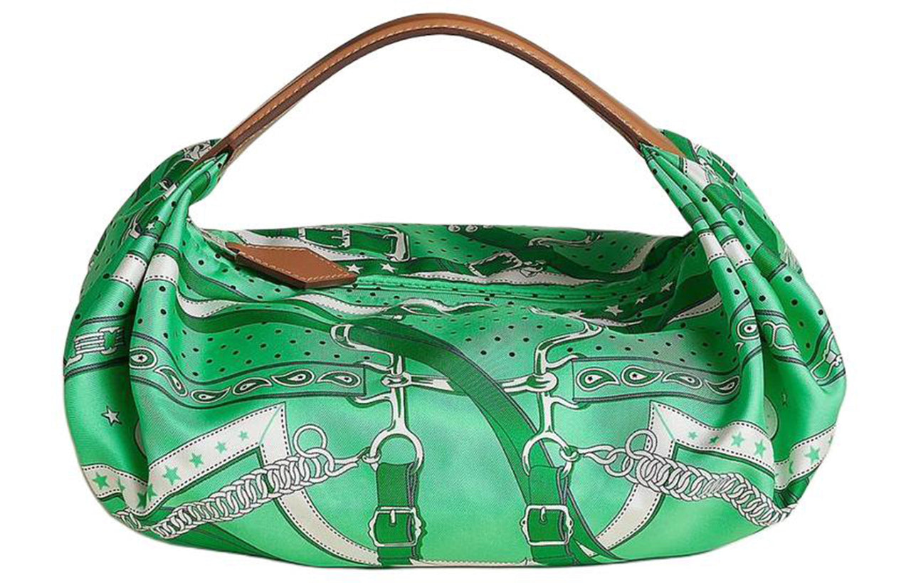 HERMES Balusoie Silk With Hunter Cow Leather Handbag Women's Comic Green