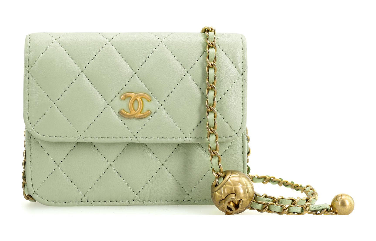 CHANEL Little Golden Ball Lambskin Shoulder Bag, Crossbody Bag Women's Light Green