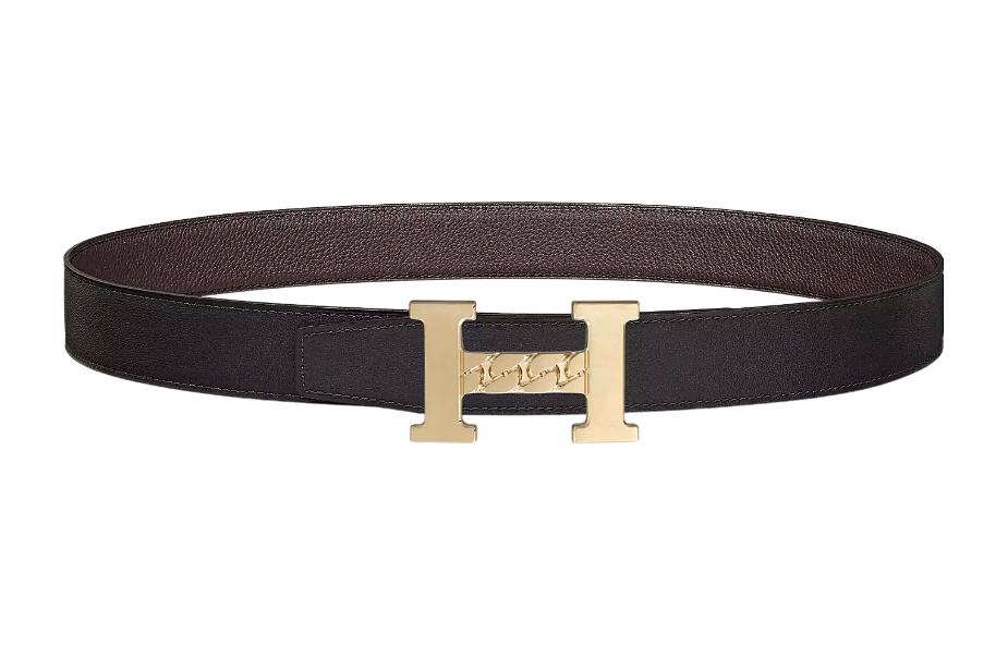 HERMES 5382 Gourmette Matte Light Gold Buckle Epsom Calfskin Double-Sided Leather Belt Unisex Black Width: 3.2cm