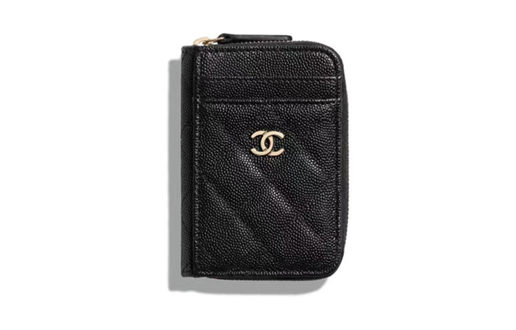 CHANEL Grain Embossed Shiny Calfskin With Gold Metal Coin Purse, Card Holder Regular Women's Black