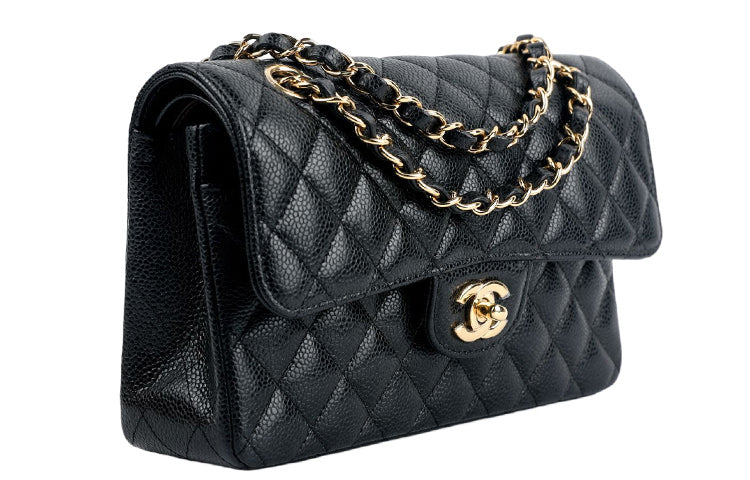 CHANEL Classic Double Flap Quilted Caviar Gold-tone Small Black