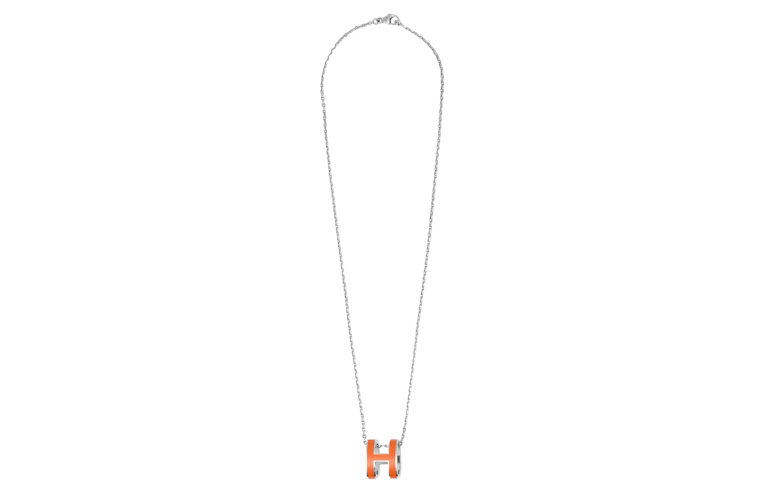 HERMES Palladium Necklaces Women's Vibrant Orange Pendant Silver Chain