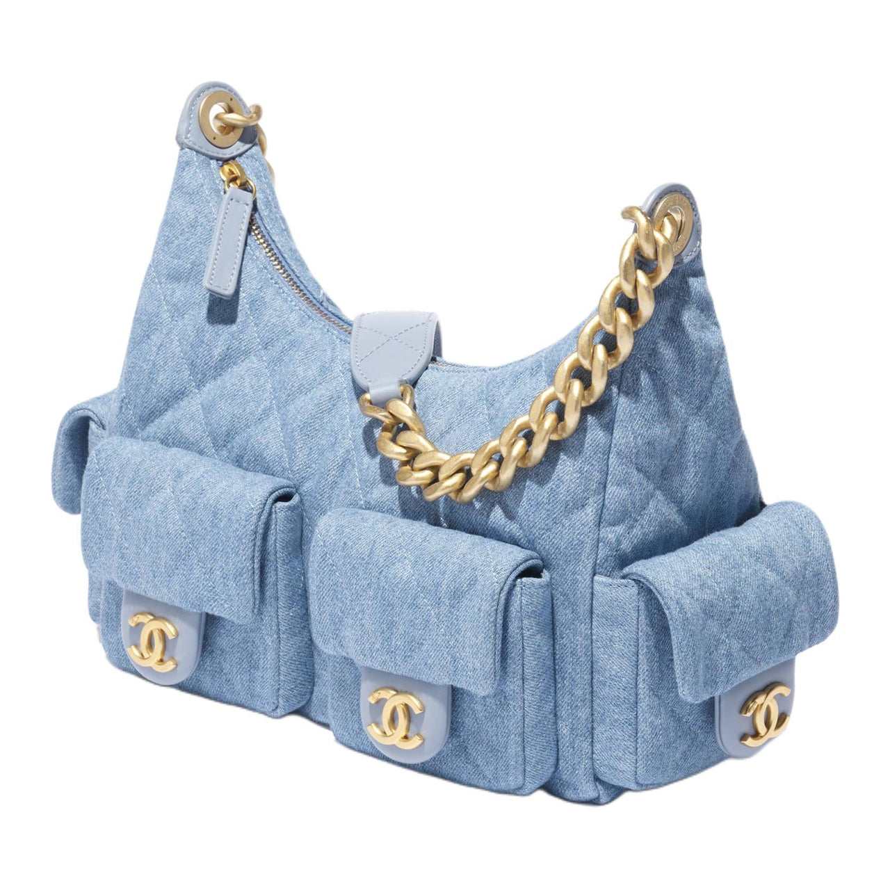 CHANEL Denim Hobo Bag Handbag Shoulder Bag Large Size Women's Light Blue