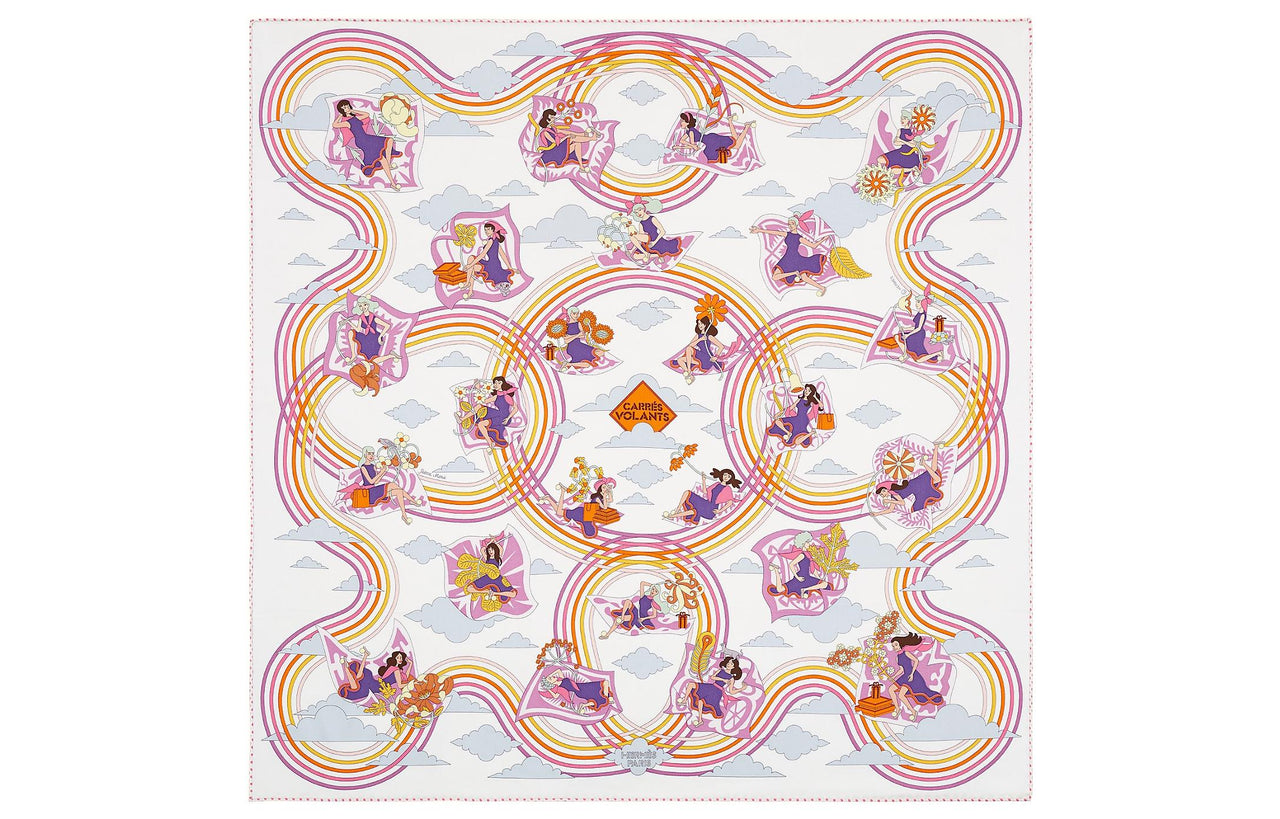 HERMES Silk Scarves Women's White/Purple/Orange