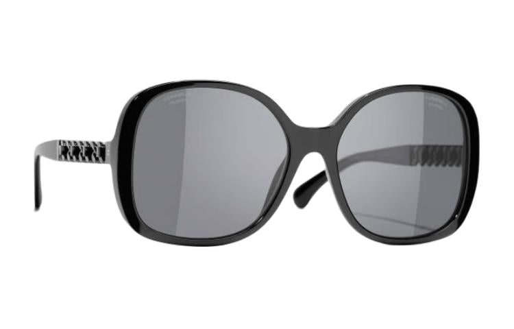 CHANEL Acetate Calfskin Irregular Shape Sunglasses Women's Black