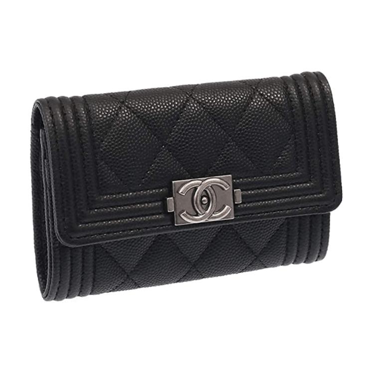 CHANEL LEBOY Litchi Skin Mouth Cover Wallet Card Holder Women's Black