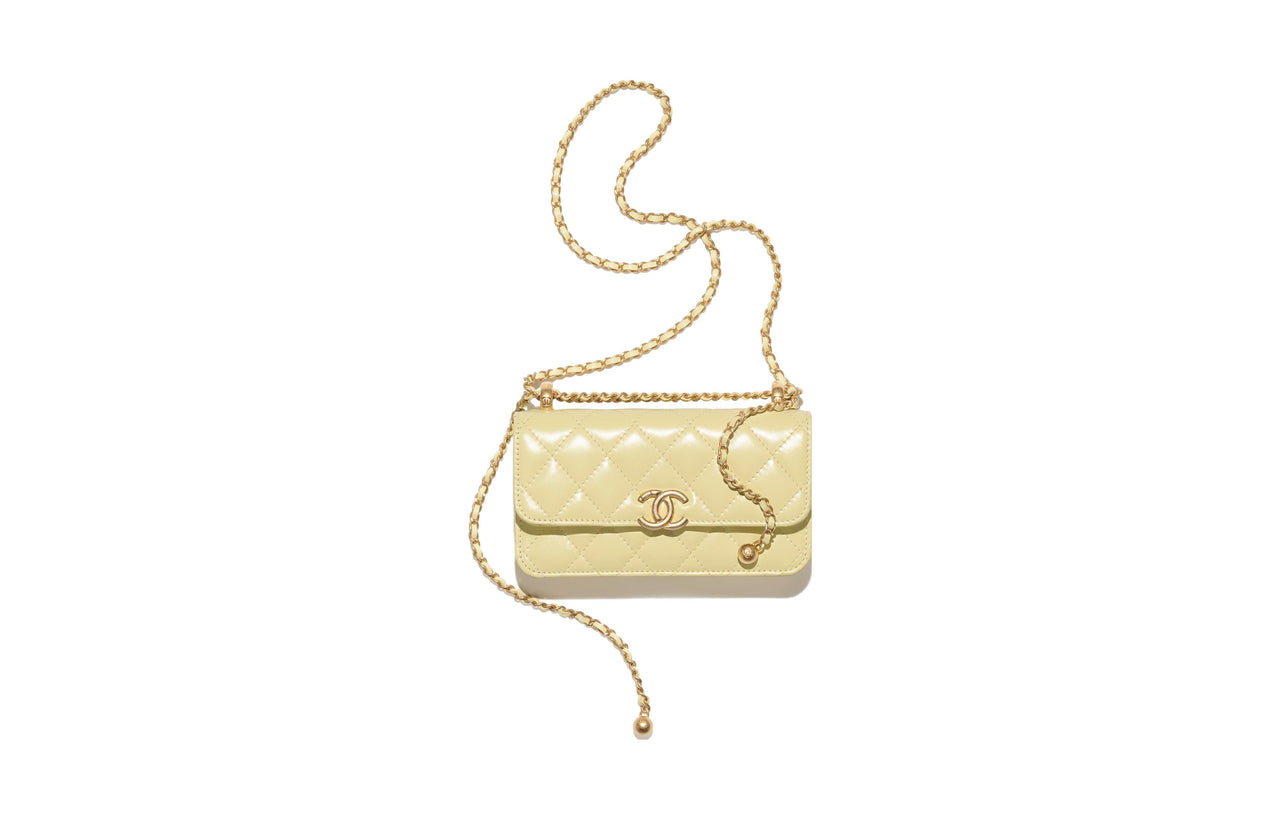 CHANEL Shiny Calfskin Flap Bag, One Shoulder Crossbody, Cell Phone Pouch Women's Yellow