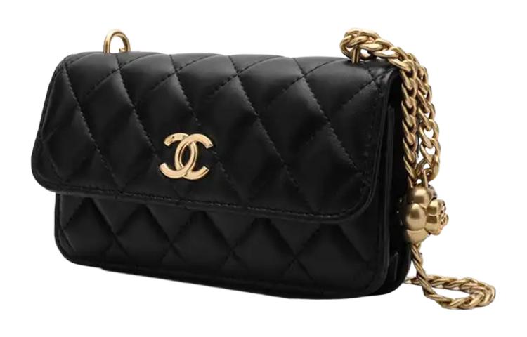 CHANEL Camellia Adjusting Buckle Chain With Gold Cc Logo Phone Holder Shoulder Bag Black