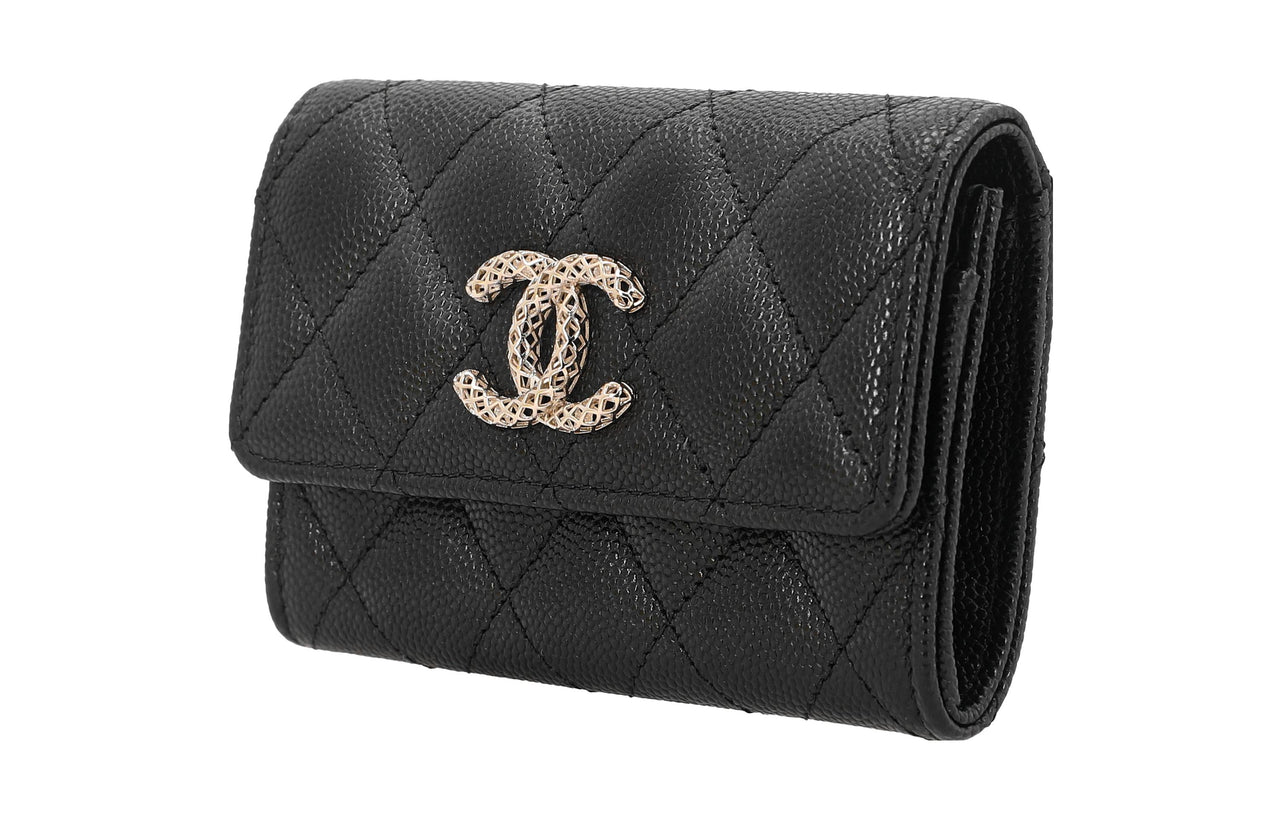 CHANEL Litchi Grain Cow Leather Coin Purses Card Holders Regular Women's Black