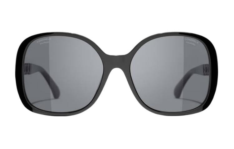 CHANEL Acetate Calfskin Irregular Shape Sunglasses Women's Black