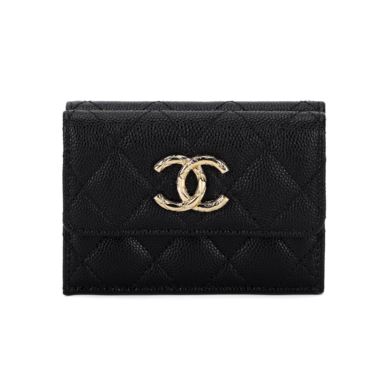 CHANEL Litchi Cow Leather Card Holder Women's Black
