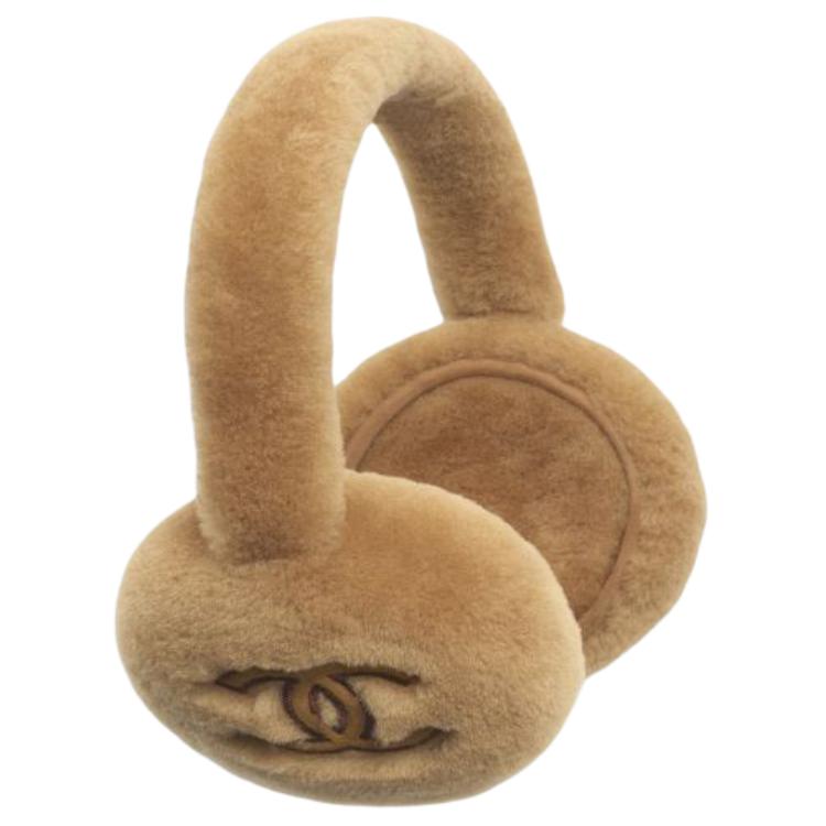 CHANEL Wool, Sheepskin Earmuffs Unisex Beige