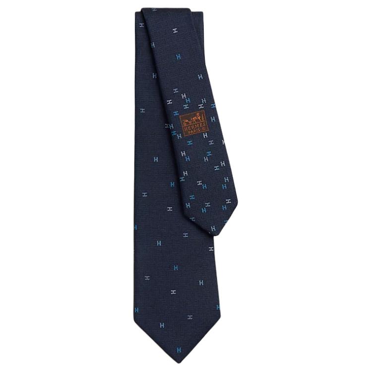 HERMES Mulberry Silk Ties Men's Marine Blue