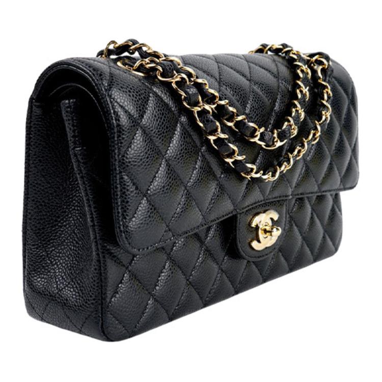 CHANEL Classic Double Flap Quilted Caviar Gold-tone Medium Black