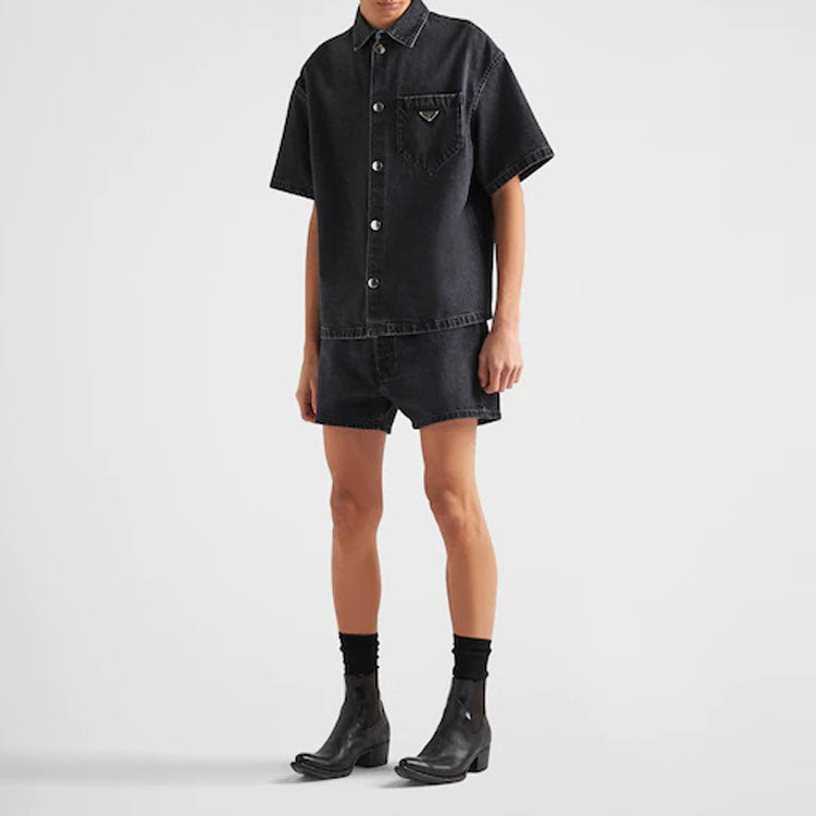 PRADA Logo Plaque Short Sleeved Denim Shirt