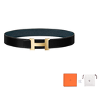 HERMES Togo Calfskin Double-Sided Leather Belt Leather Belts Men's Black/Prussian Blue Width: 3.8cm