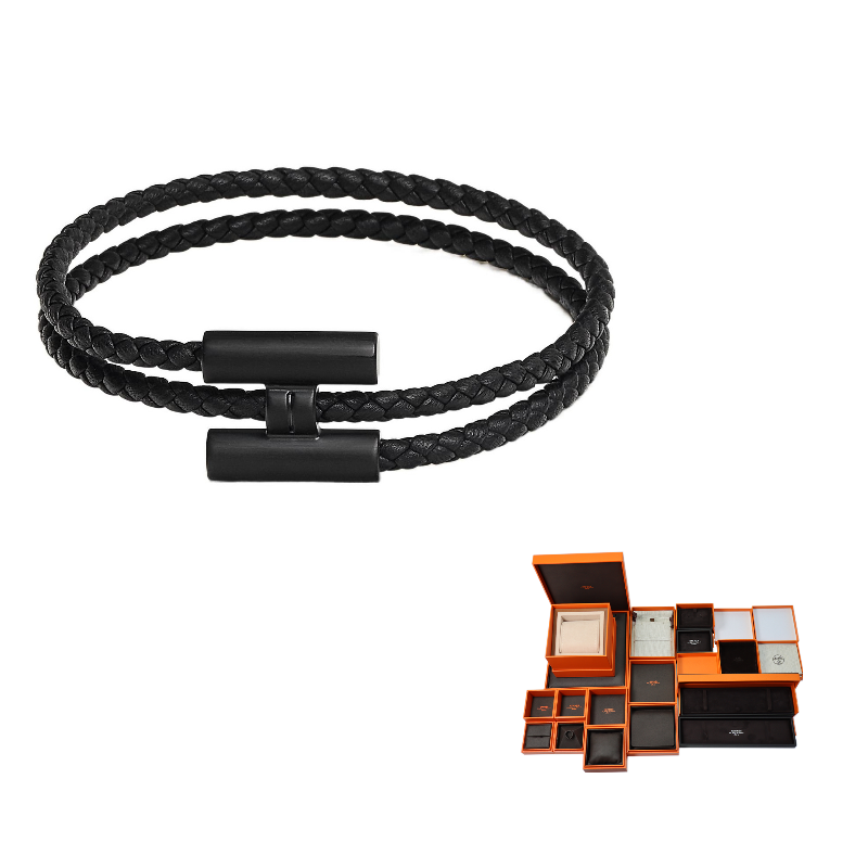 HERMES Leather Bracelets Men's Black