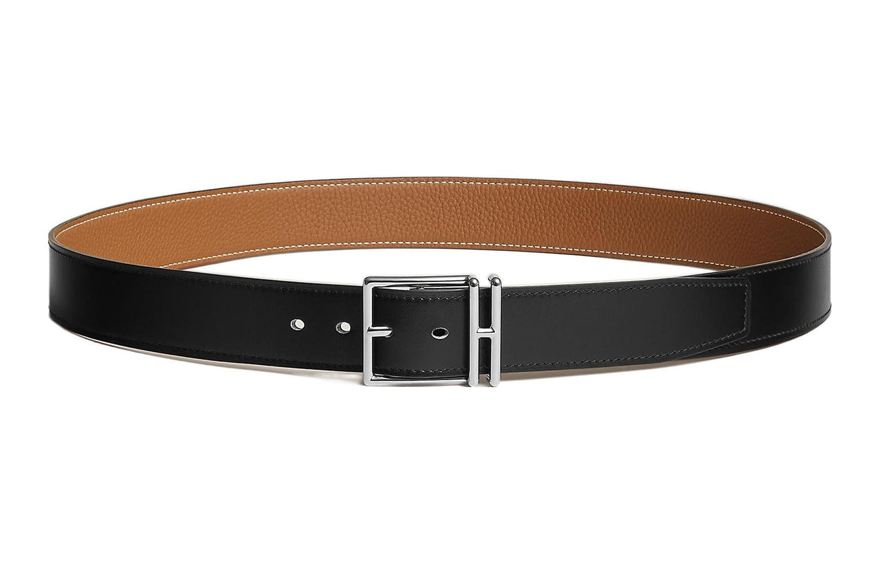 HERMES Calfskin Leather Belts Men's Black/Gold Width: 3.2cm