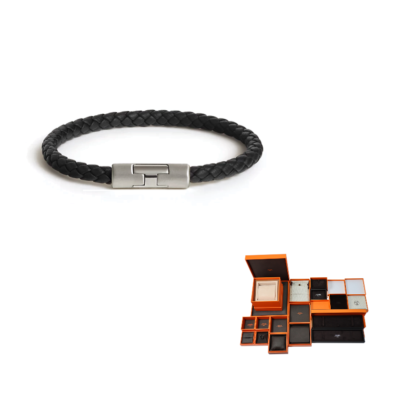 HERMES Calfskin Palladium-Plated Bangles Unisex Black