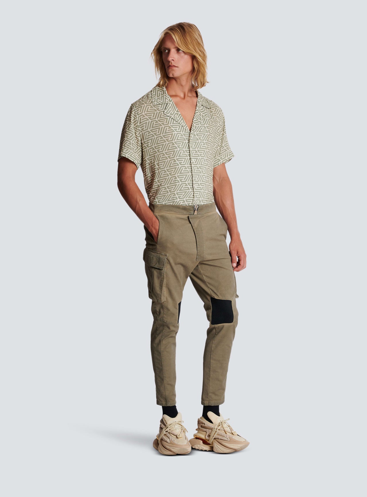 Balmain Men's Cargo Tapered Khaki Cotton & Mesh Pants