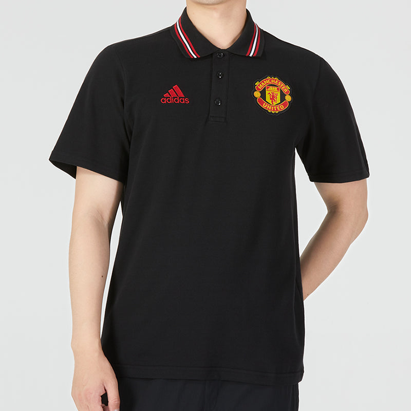 Men's adidas Manchester United Logo Embroidered Stripe Collar Short Sleeve Black Polo Shirt HE6664