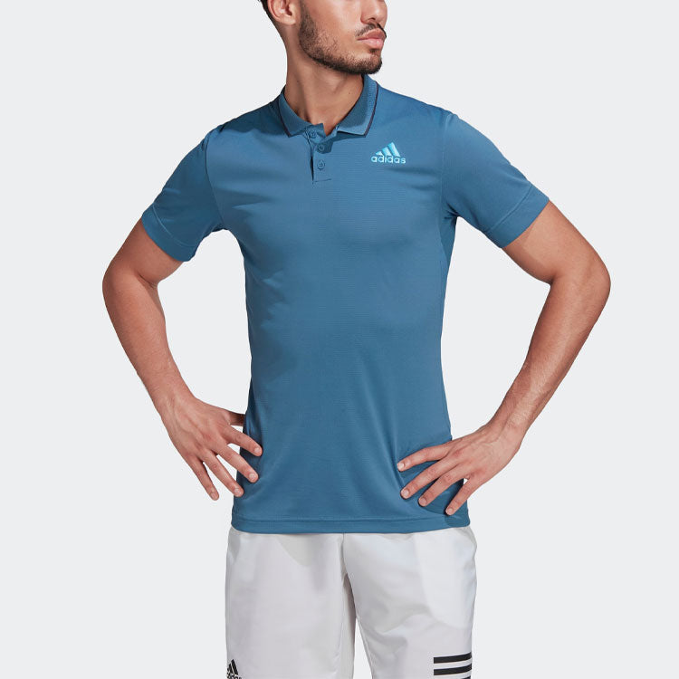 Men's adidas Gameset Logo Printing Solid Color Tennis Sports Short Sleeve Blue Polo Shirt HB9137