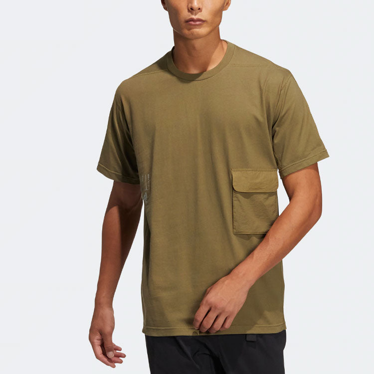 Men's adidas Th Hvcot Tee Solid Color Pocket Sports Short Sleeve Dark Olive Green T-Shirt HE9947